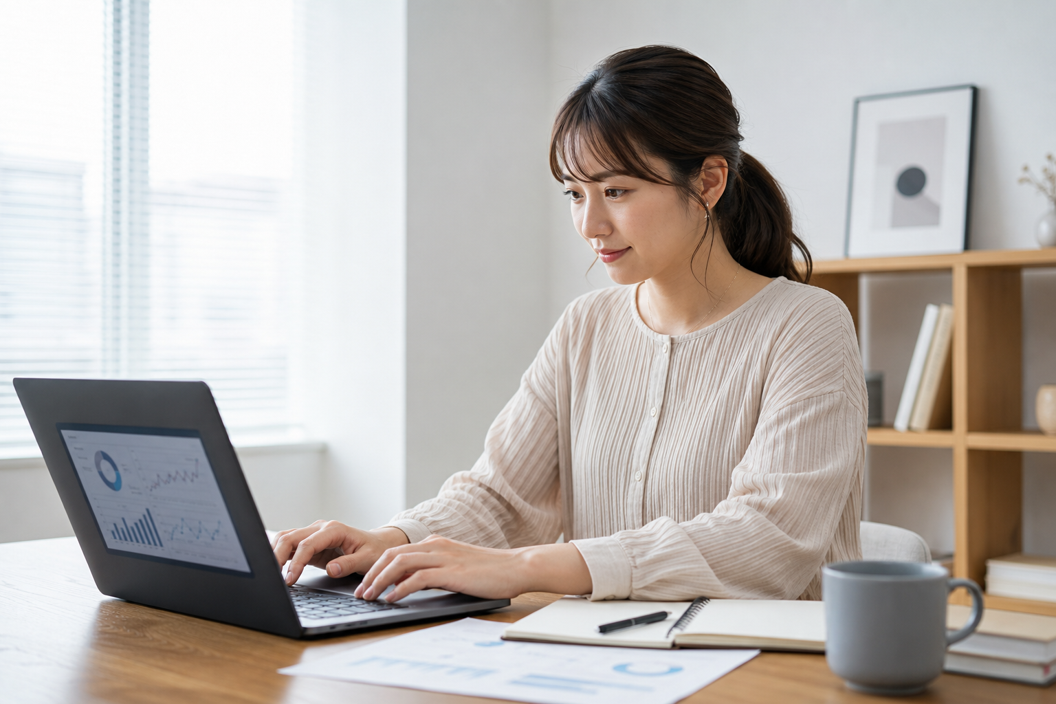 PCで事業戦略を整理する女性