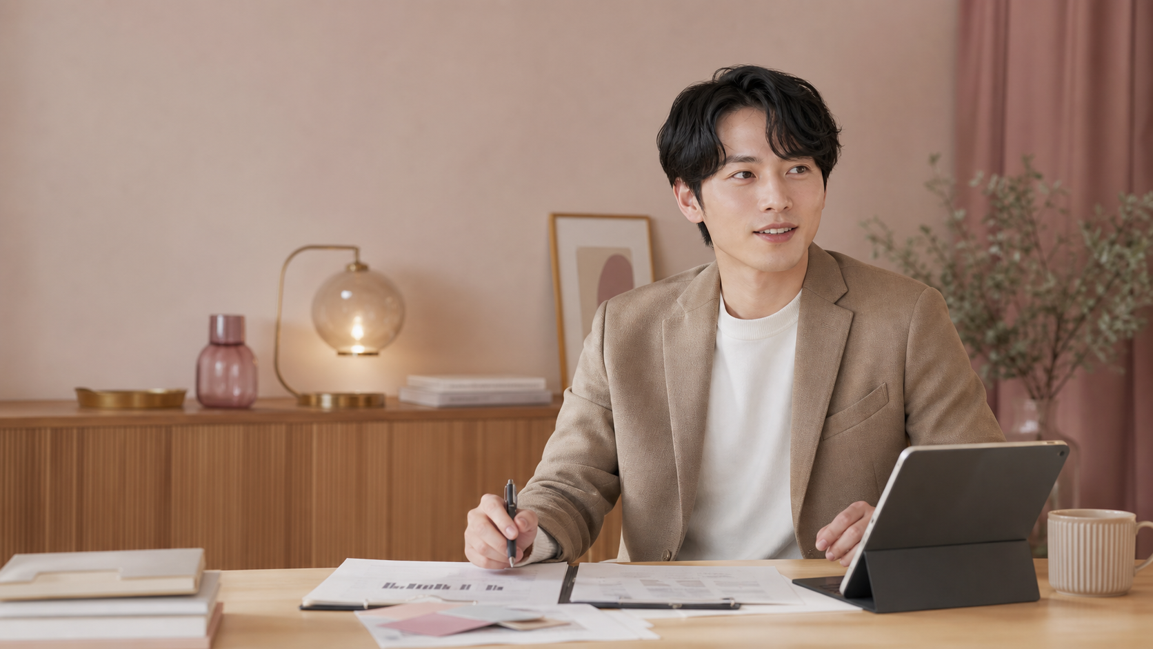 事業データを見ながら課題を整理する若い経営者